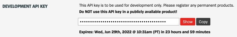 Screenshot of Development API key